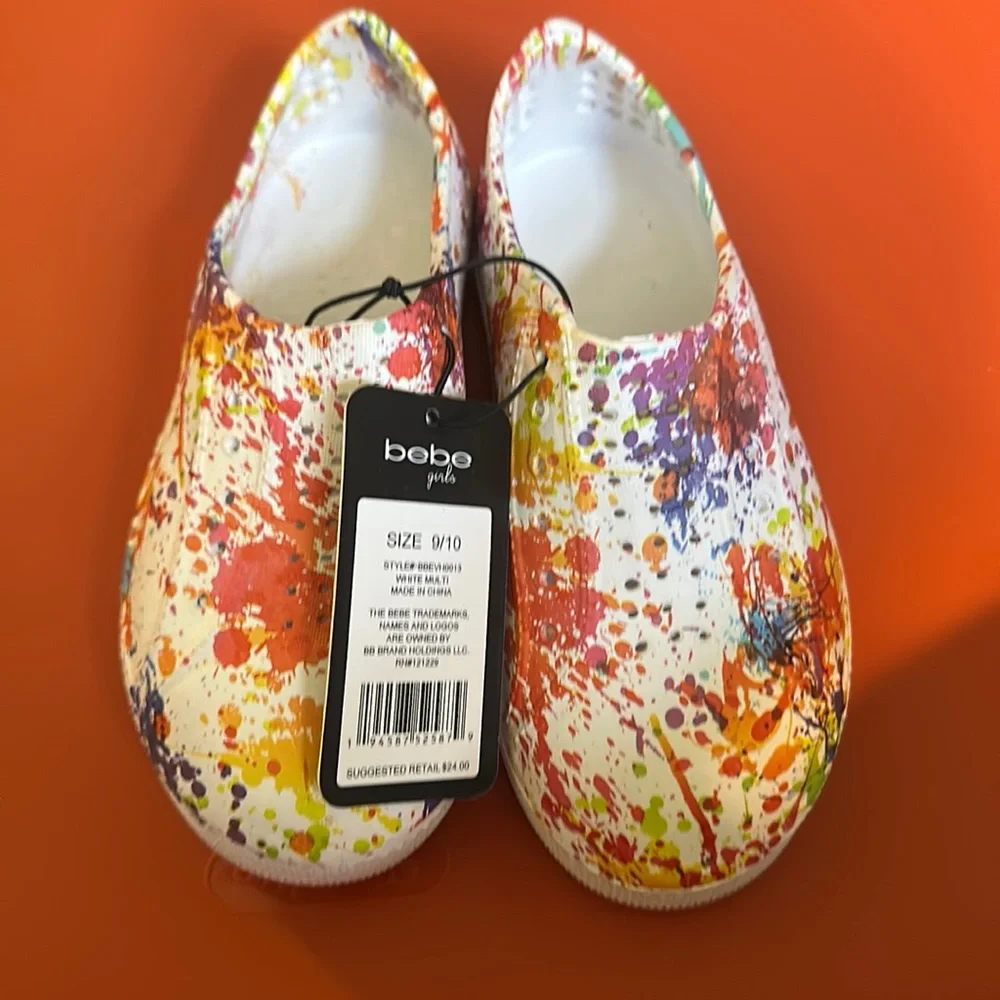 BEBE GIRLS TODDLER PAINT SPLATTER WATER SHOES: WHITE: NWT: SZ 9/10